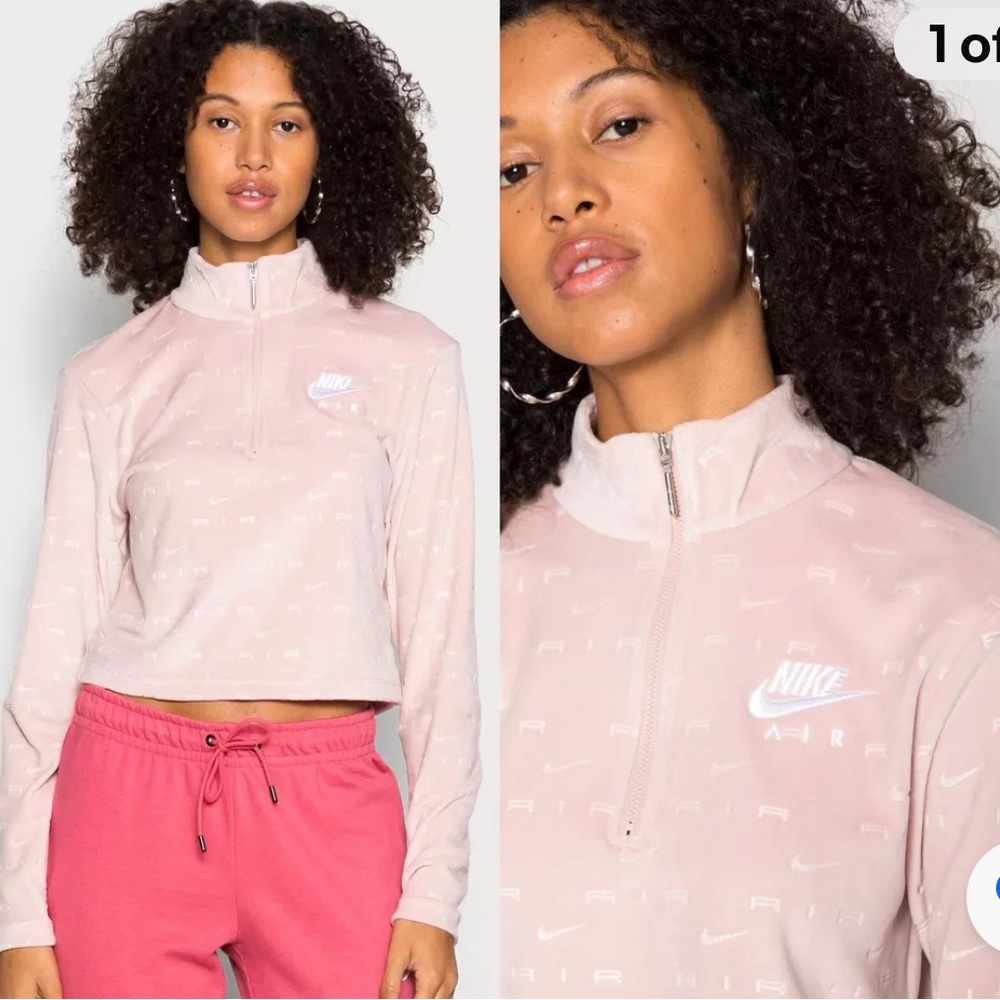 Nike Air Velout 1/4-Zip Longsleeve Velvet Cropped Top Pink Oxford White Sz XL. C